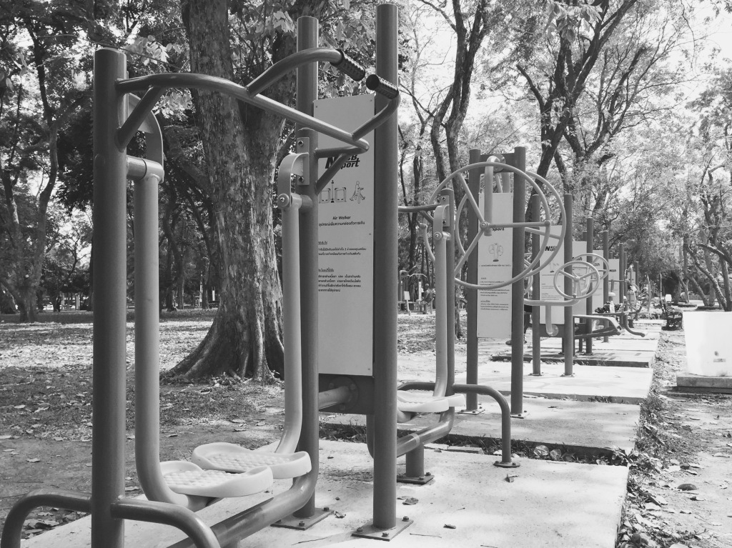 Exercise equipment lines the Southern edge of the park, and is often readily available. Yee, N. (CC), 2015.